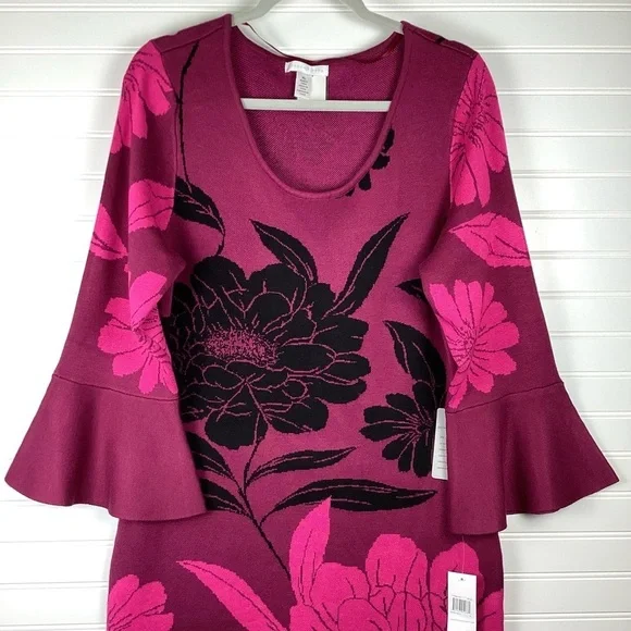 London Times NWT Women'sBell Sleeve Floral Print Sheath Sweater Dress Size XL